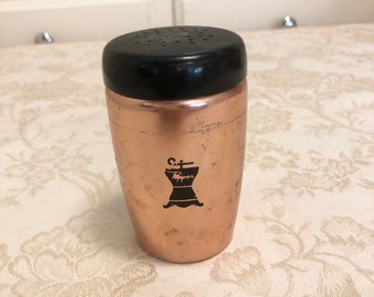50s Pink Aluminum Pepper Jar Small Solid Aluminum Can With Black Plastic Lid And Original Black Pepper Symbol On Pink Aluminum