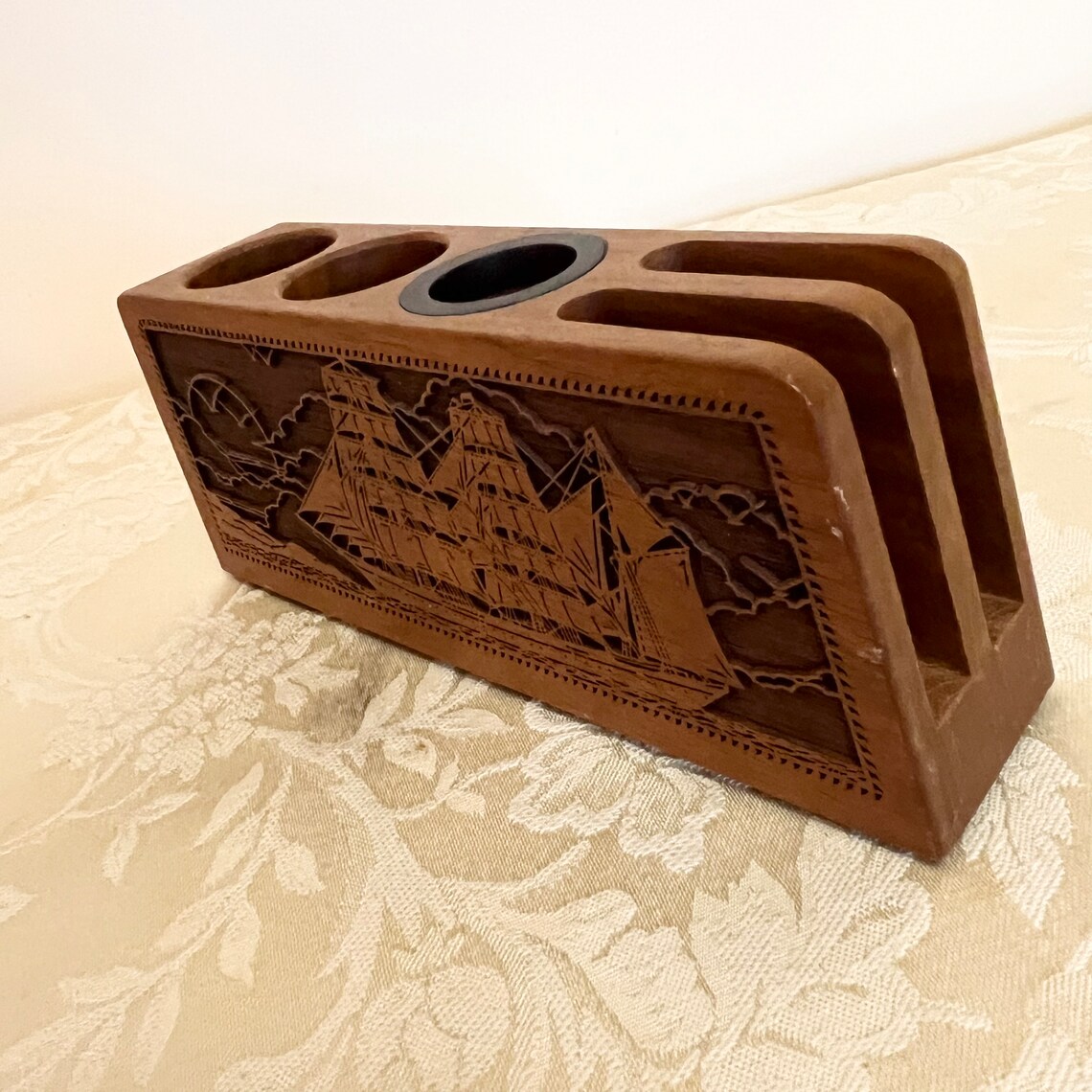1977 Lasercraft Carved Wooden Ship on Ocean Detail Vintage Pencil ...