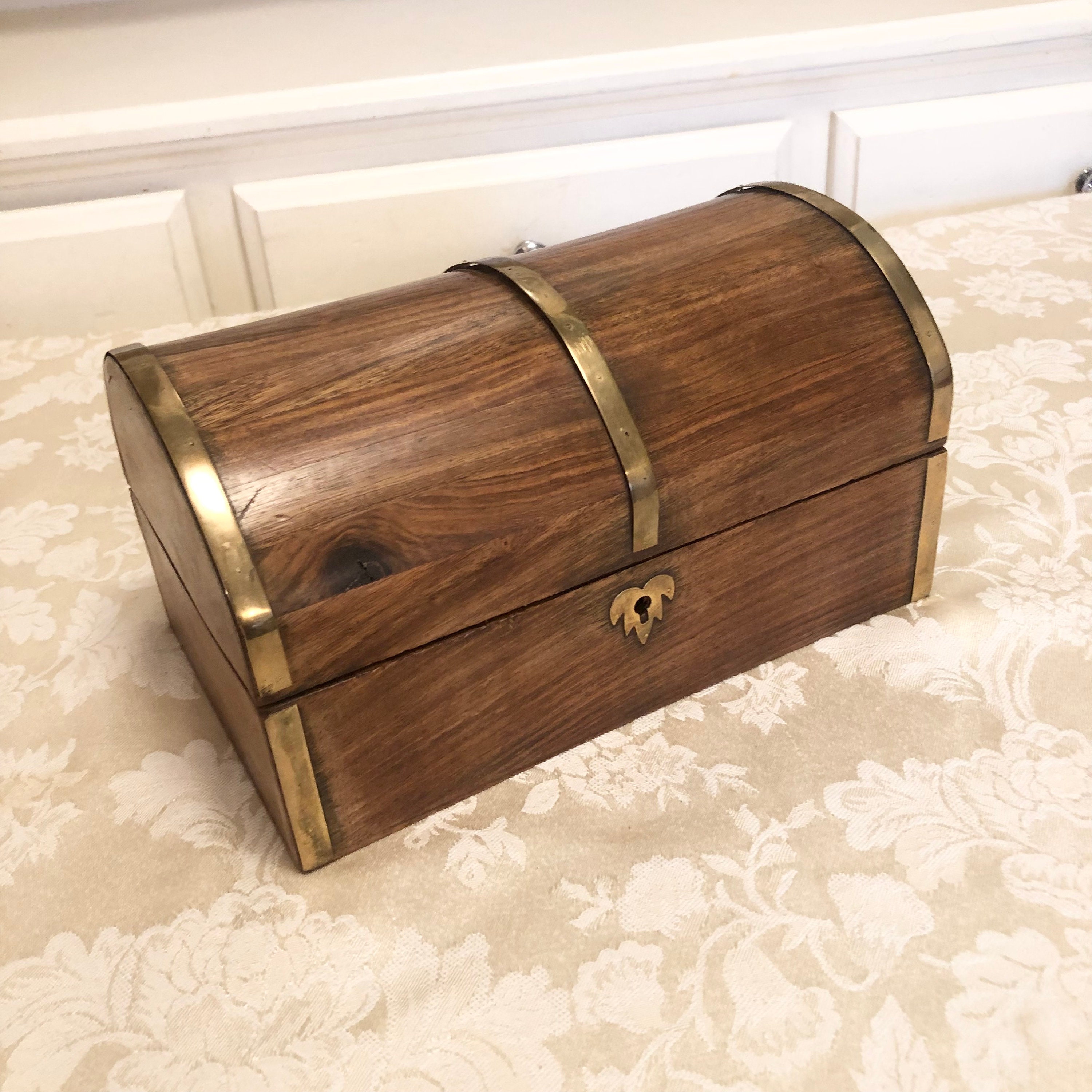 Treasure chest style brass inlaid ships wheel wooden box 