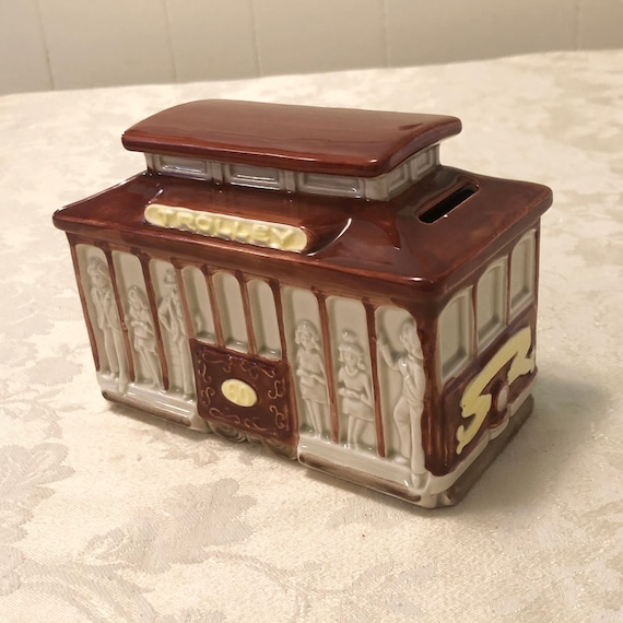 80s Otagiri Japan Bank Piggy Bank English Theme Trolley Display Kids Learning Tool And Savings Bank Coin Bank 1980s Porcelain Otagiri