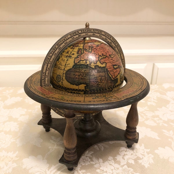 Mystical Zodiac Globe French Globe With Unicorns, Water Monsters, Large Ship Art Sundial Look 12 Signs Zodiac Globe Display