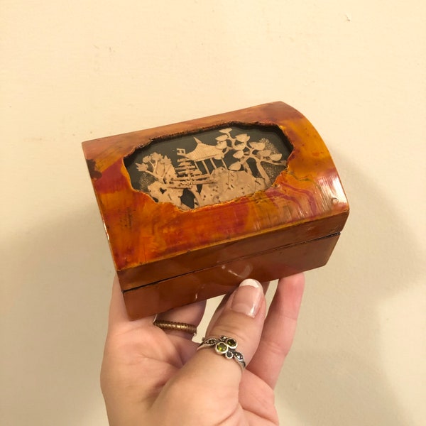 Chinese Village Jewelry Box With Cork Art Asian Lacquered Wooden Box Japanese Scenery Enclosed Box Beautiful Decor Orange Lacquered Box