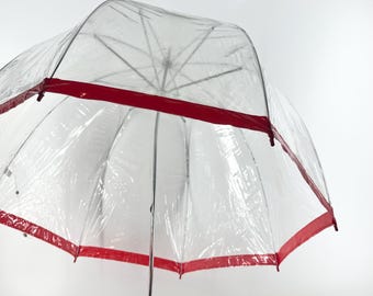 Mid Century Red And Clear Umbrella Elegant Red Color Umbrella Folding Ability And Easy Open With Metal Pieces To Open