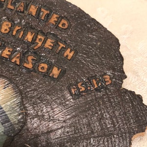 May include: Close-up of a dark brown leather patch with the text "Planted by Ingeth Season" and "NS123" embossed in gold lettering.