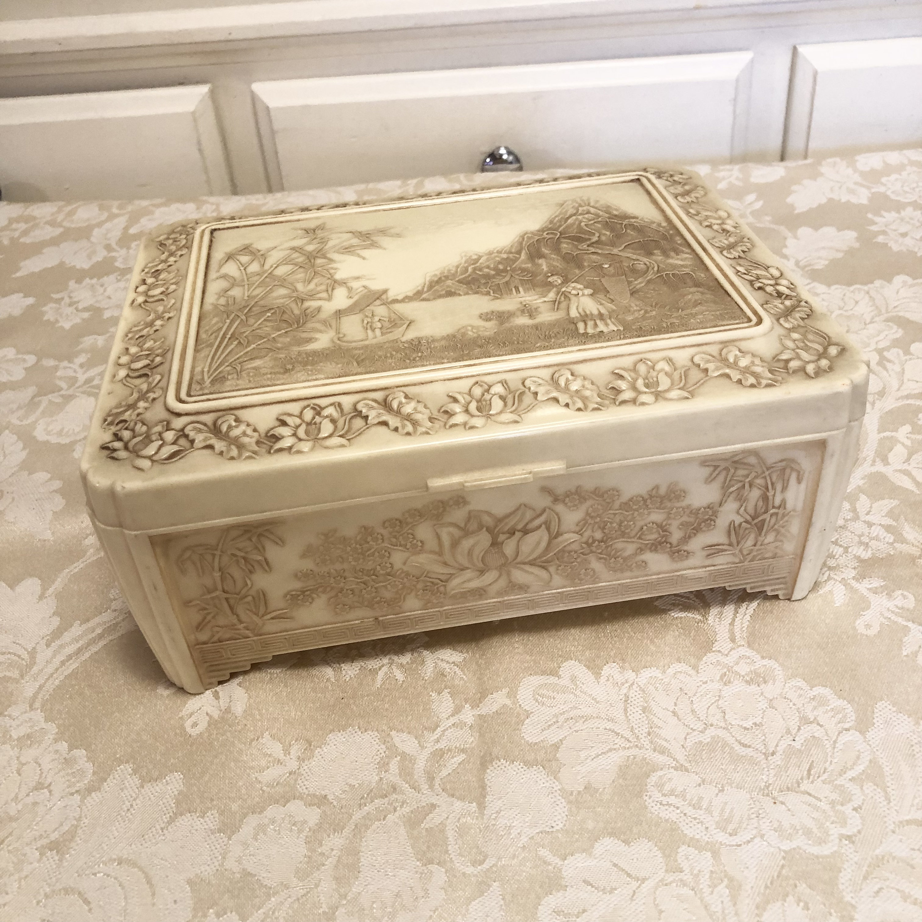 Antique Chinese Jewelry Box Made to Look Like Ivory Lotus Scene