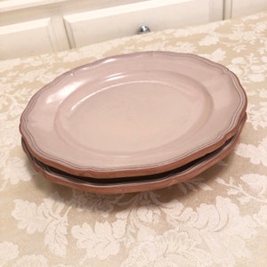 May include: Two pale pink ceramic dinner plates with a scalloped edge. The plates are stacked on top of each other.