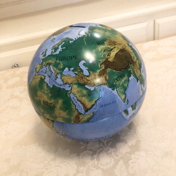 70s Metal Bank Globe With Metal Bank Frame Piggy Bank Look Bottom Beautiful Map Display Kids Learning Tool And Savings Bank Coin Bank 1970s
