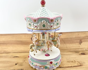 Vintage Teddy Bear Carousel Working Music Box Carousel With Moving Horses Painted Details With Jewels Elegantly Decorated On Carousel