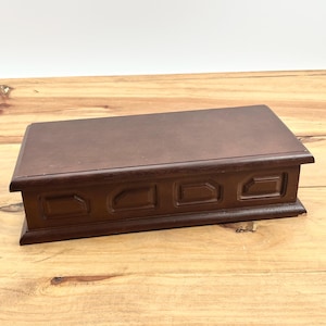 50s Antique Wooden Chest Dark Stain With Carved Designs Detail Storage Box Carved Detail Clean Red Felted Inside