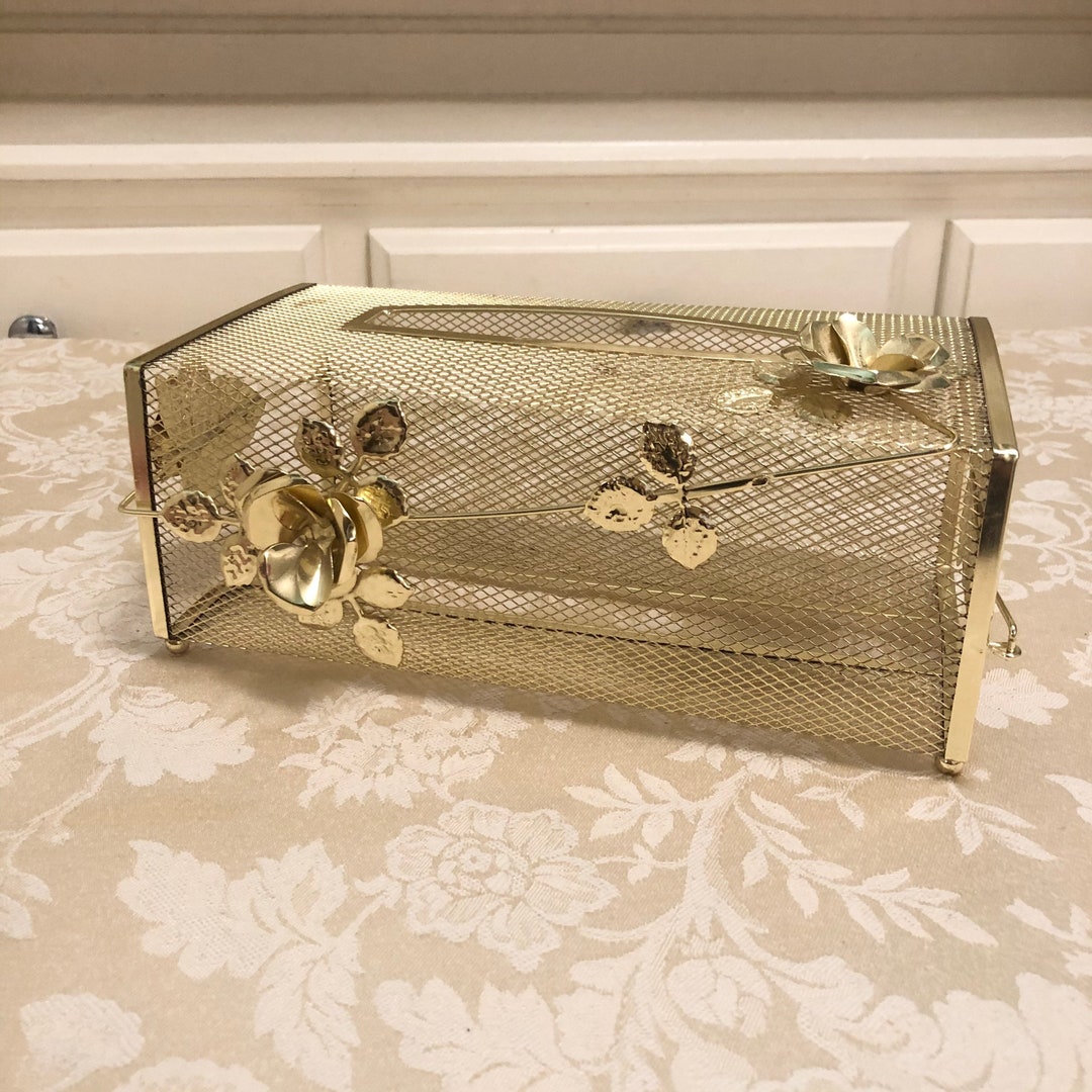 Mid Century Gold Tissue Holder Beautiful Flowers and Leaves Etsy UK