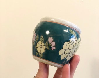 Vintage Indoor China Hand Painted Planter With Gold Details Antiqued China Plant Planter And Garden Traditional China Scene With Flowers