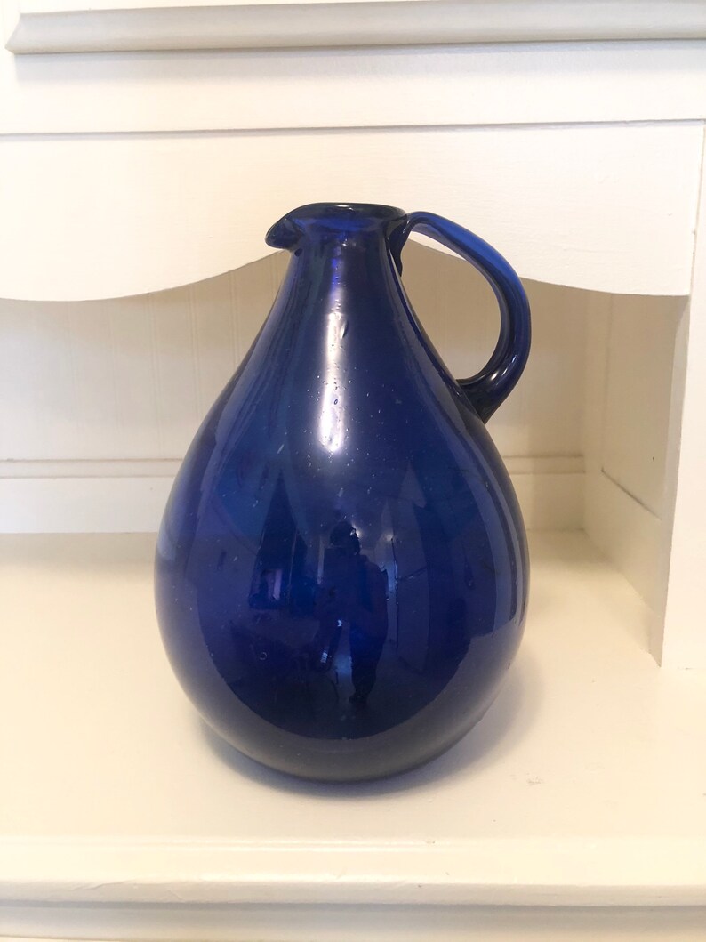 Large Unique Hand Blown Cobalt Pitcher Thick Body And Handle Etsy
