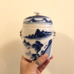 1940s Chinese Tea Caddy Celadon Blue & White Hand Painted Blue Delph Landscape On White Porcelain Antique Tea Canister