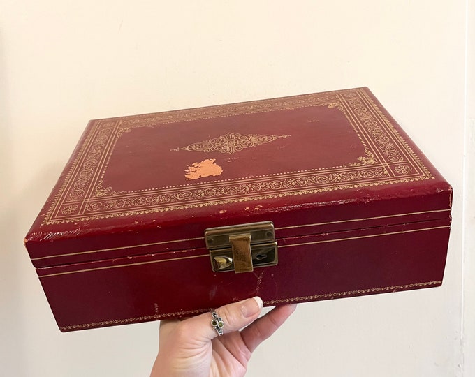 Rare Aged 14k Gold Mele Jewelry Box Special Marked 14k Gold Tooling on Genuine Leather Cover