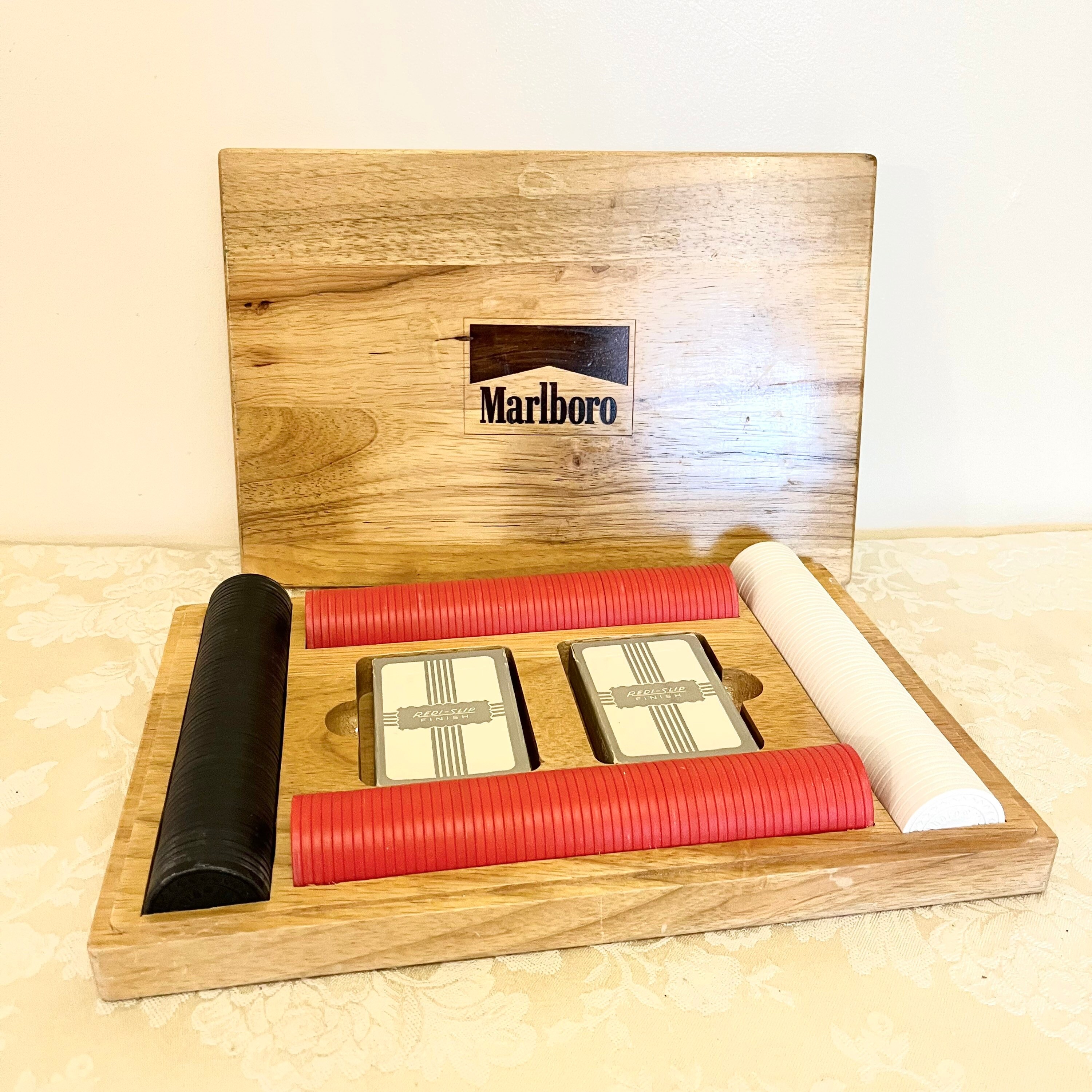 Vintage 80s Marlboro Poker Chip Set in Wooden Box Beautiful