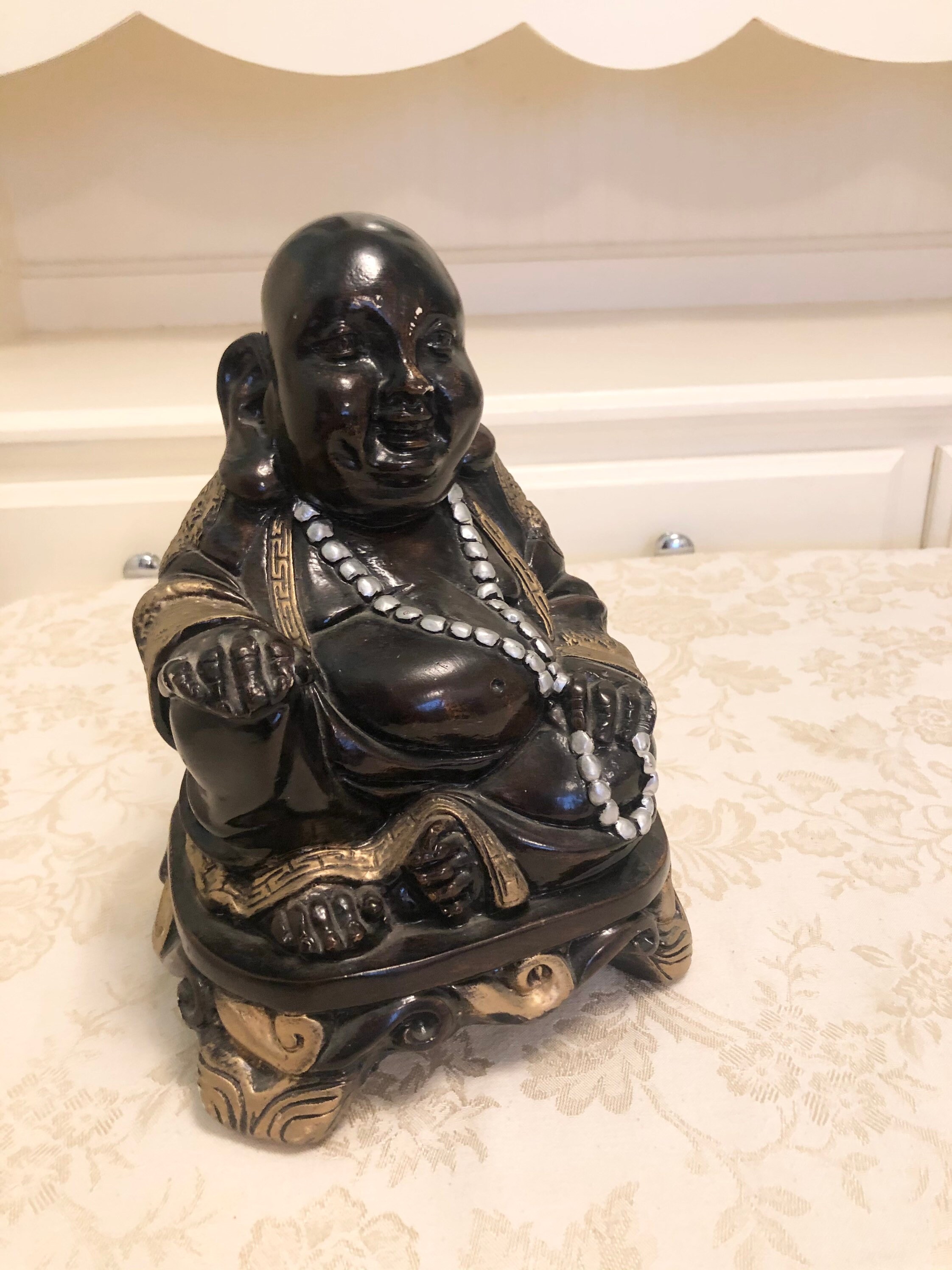 Vintage Buddha Statue With Black Gold and Silver Detail Beautiful