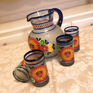 Mexico Handblown One Of A Kind Hand Painted Hand Blown Pitcher Set With 4 Glasses Painted In Bright Suns Bold Drinking Party Set