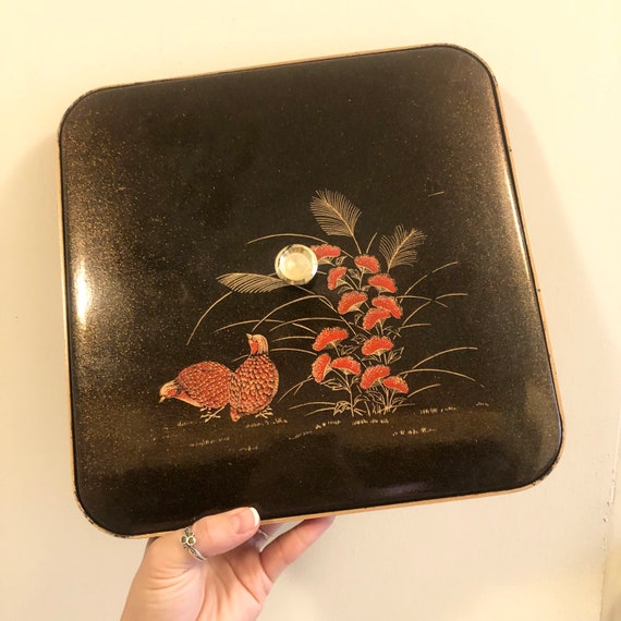 Antique Square Lacquered Box Lacquered Divided Tr… - image 2