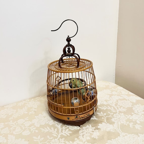 Antique Bamboo Hanging Bird Cage With Japanese Pottery Feeders