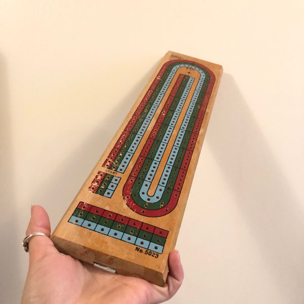 Wooden Cribbage Board Game With Beautiful Wooden Board And Metal Bottom Storage And Colorful Pegs Vintage Wooden Game Board