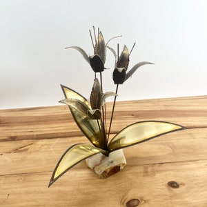 Vintage 70s Floral Arrangement  Brass With Solid Rock Base With Large Brass Leaves Very Heavy Quality Piece With Original Tag Dated 1975