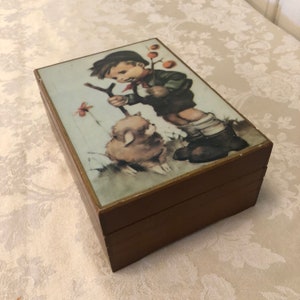 Toyo Japan Music Box With Blue Corduroy Inside Lining With See Through Plexi Glass Music Box Underneath Boy With Lamb Top Design