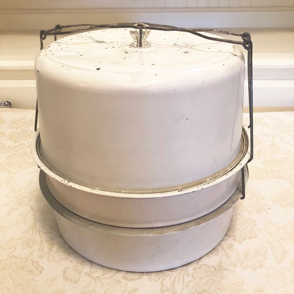 Wire Carrier White Enamel Cake Dome Covered Dish Metal Tin Dome Retro 1910s Cake Or Pie Display Food Storage Over 100 Years Old! Antique
