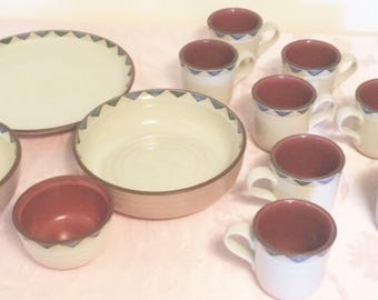 Noritake Abilene StoneWare Retired Discontinued Set Of 12 Mugs, Large Plate And Bowls With Serving Bowl, 8480 Noritake Art