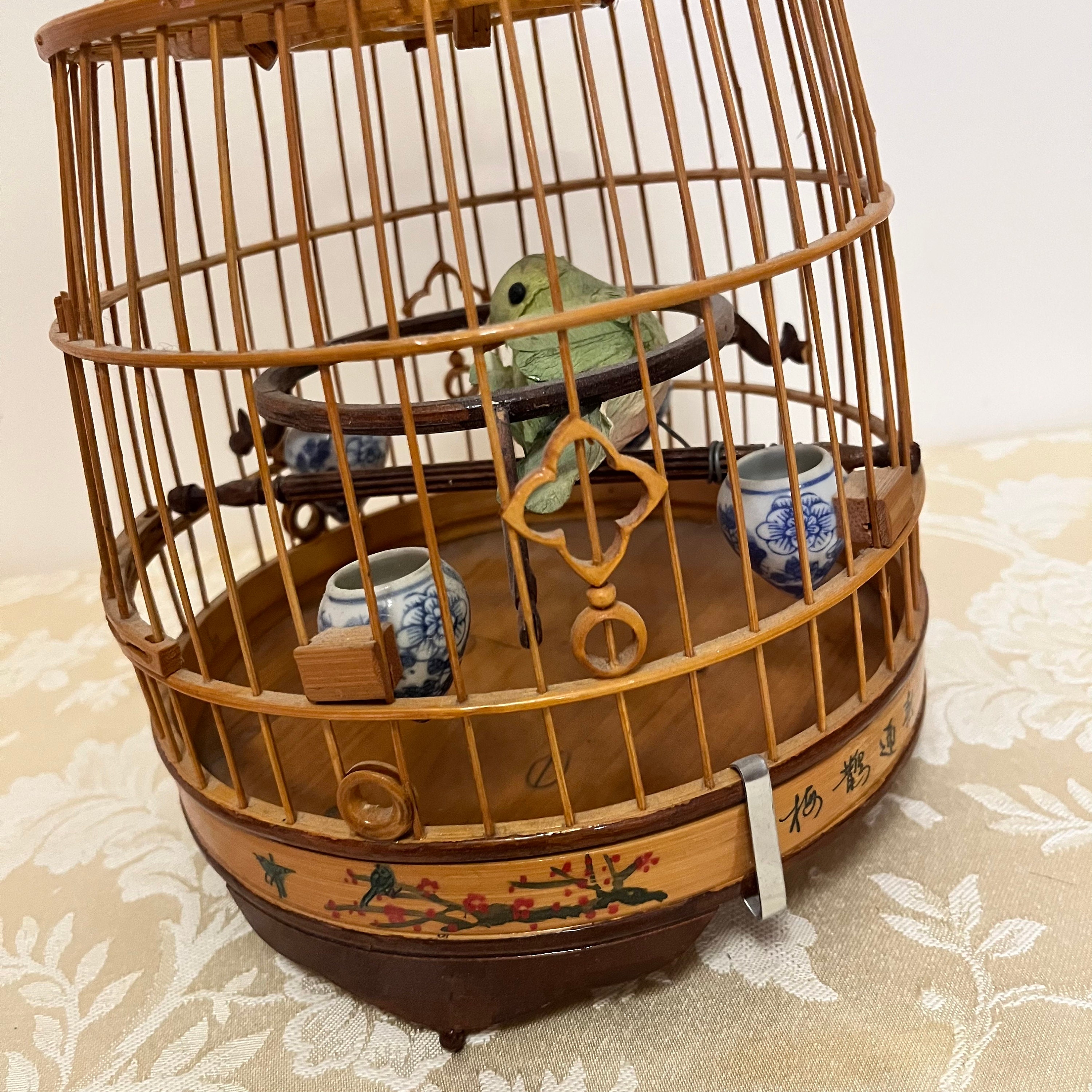 Antique Bamboo Hanging Bird Cage With Japanese Pottery Feeders