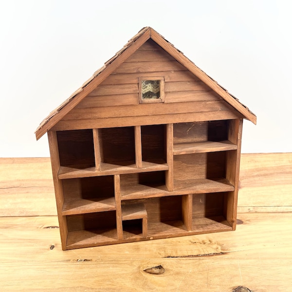 Wooden Shadow Box Miniature Farm House Shadow Box Storage Organization Space 11 spaces inside Wall Knick Knack Shelf Miniature House Display