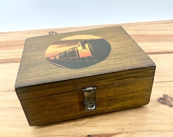 Vintage Wooden Chest With Detailed Faded Photo On Box Storage Box Rustic Tones And Material Trinket Box Mini Chest