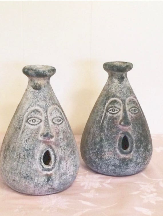 Folk Art Pottery Vases With Detailed Faces Set Of Two Pottery Etsy