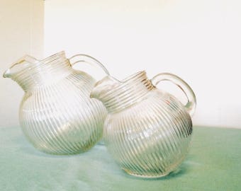 2 Retro Rare Hazel Atlas Clear Glass Striped Designs Elegant Pitcher Solid Glass Carafes Set Of Two Drizzle Stripes