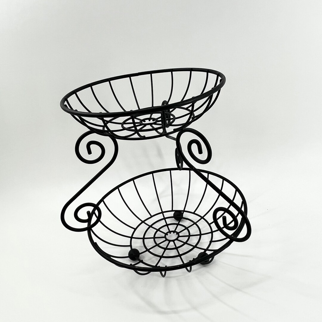 2 Tiered Fruit Bowl Held in Wire Basket Serving Center Piece Fruit Bowl