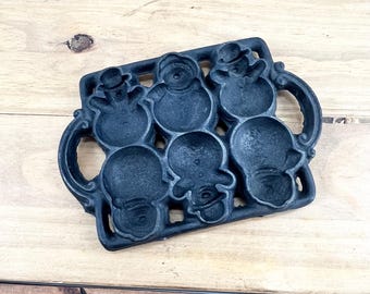 Vintage Snow Man Baking Pan Cast Iron Mold Iron Clad Snowman Thick Cookie Sheet Cookie Mold Six At A Time Cooking Pan