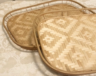 Bamboo Wooden Traditional Lap Tray Or Tea Trays Natural Serving Table Elegant Woven Design 1980s Bamboo Tray Set Couples Set Of 2
