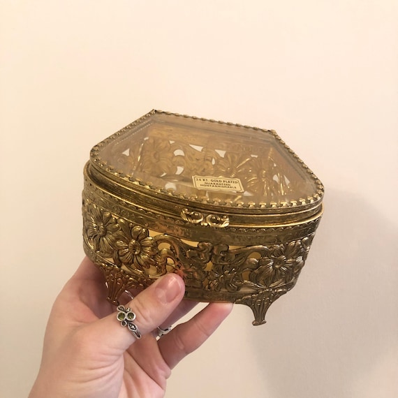 Vintage Gold ~ Brass Glass Jewelry Box, 1950's Brass Floral Jewelry Box  with Glass Top and Glass Interior, Vintage Jewelry storage