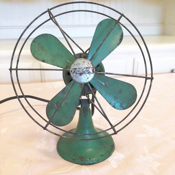 Retro Green Metal Fan And Fan Blades Vintage Cord Very Old Metal Fan Retro Home And Garage Decor Small Green Metal Fan Army Green Fan