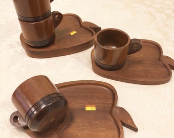 70s-80s Wooden Snack Sets With Wooden Mugs Adorable Vintage Cookie And Milk Set Serves 4 People Wooden Trays Wood Mugs