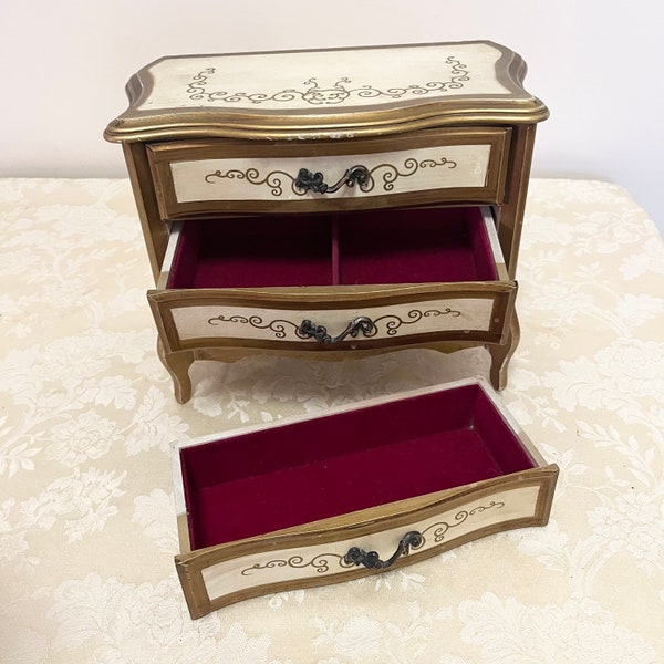 Gold Tone Japan Jewelry Box Gold Music Box With Bright 60s Red Lining With Elevated Footed Three Drawer Storage