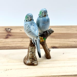 May include: A ceramic figurine featuring two blue and green parakeets perched on a brown branch with a yellow flower. The birds have detailed feather patterns and are set against a light background.