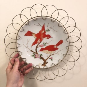 Mid Century Hand Painted Red Bird Plate Decorative Plate In A Very Mid Century Wide Mount 50s Wire Plate Frame
