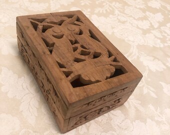 Antique Carved Wooden Box Hollow Owl Carved Detail Storage Box Wooden Box Inlaid Detailed Box Hand Made In India