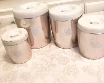 Pink Aluminum Canisters Set Of Four Pink Kitchen Pink 50s Kitchen Decor Aluminum Decor Pink With White Lids West Bend Canisters