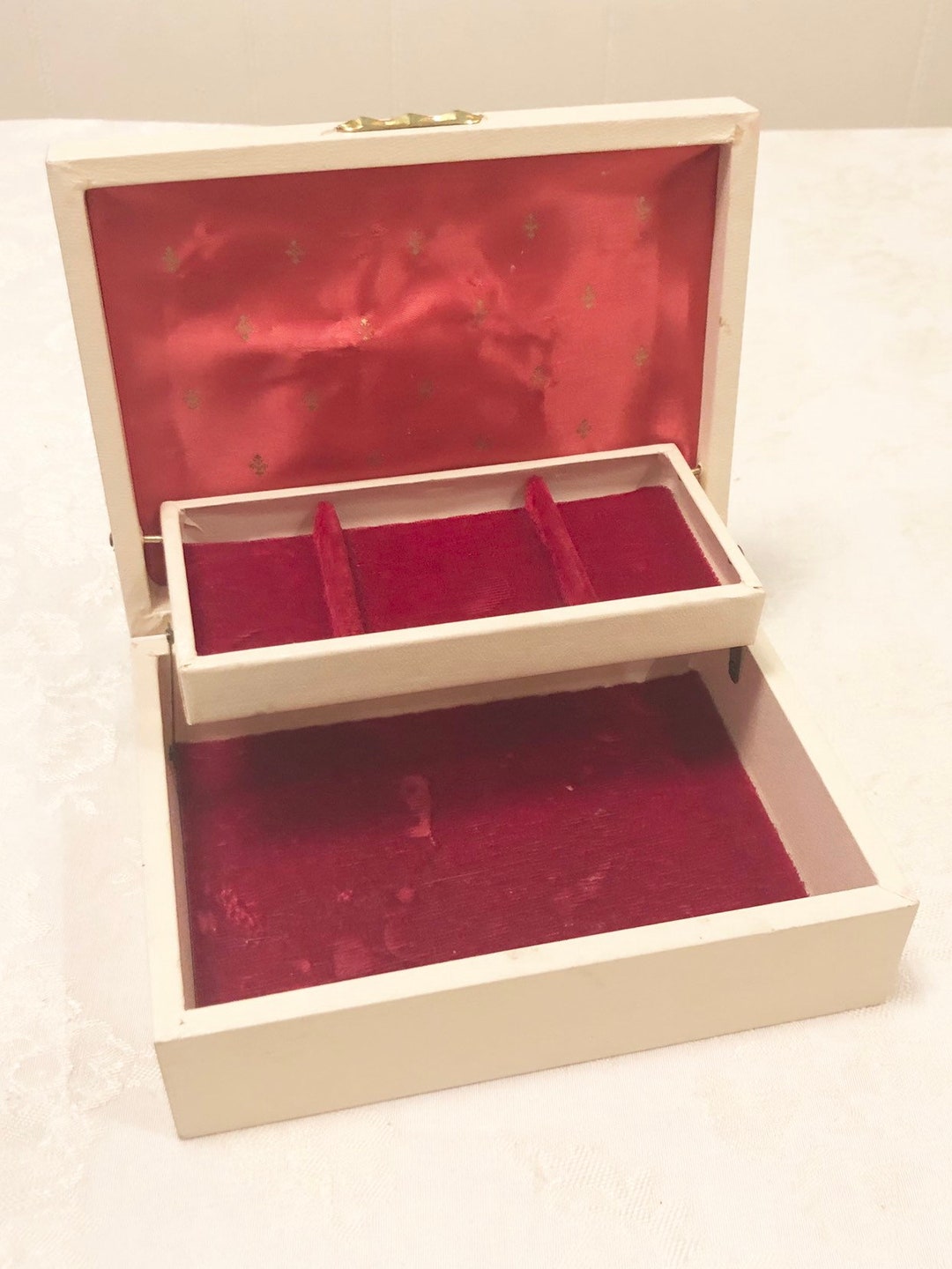 Small Cream Jewelry Box With Wine Felt Victorian Golden Trim Etsy