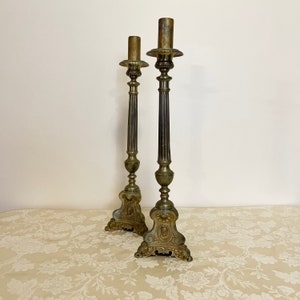 Antique Large 19th Century Rare Set Of Two Cathedral Decor Catholic Home Decor Fire Place Candlesticks Brass Bronze Decor