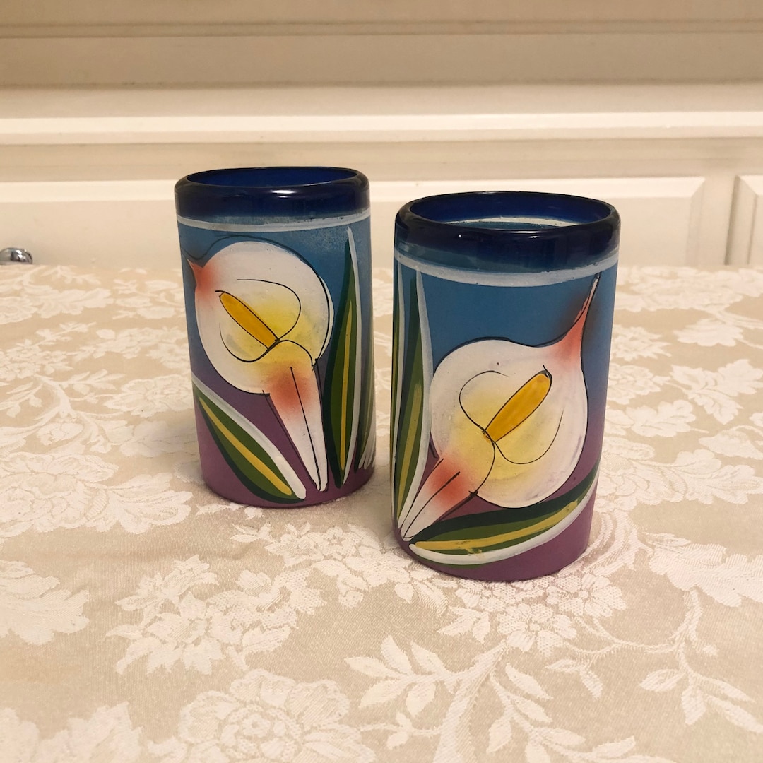 Hand Blown Hand Painted Mexico Tumblers Elegant Mexico Hand Painted Lilies Bright Painted