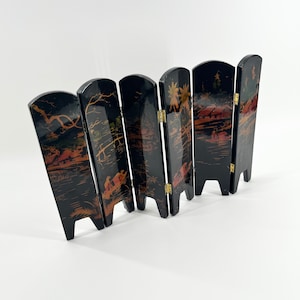 Ornamental Screen Black Red Lacquered Framed Elegant Table Screen Beautiful Vanity Screen With Mountains In One Side And Women On Other Side