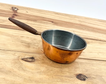Olla de cobre vintage R 79, sartén de cocina de cobre con mango de madera, decoración de cocina primitiva de cobre, hecha en Portugal.