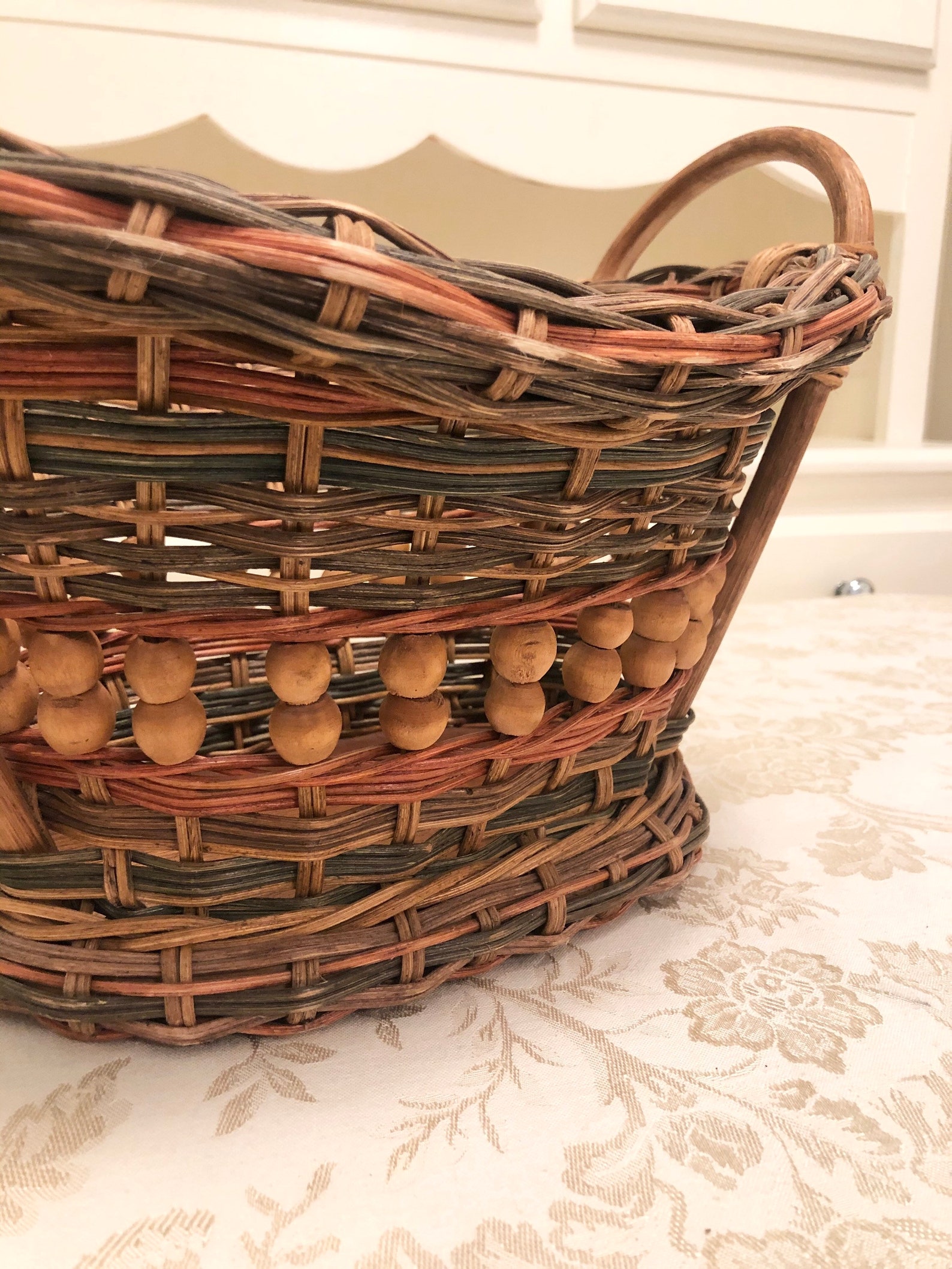 Multi Color Woven Basket With Center Wood Bead Detail Edge And Etsy